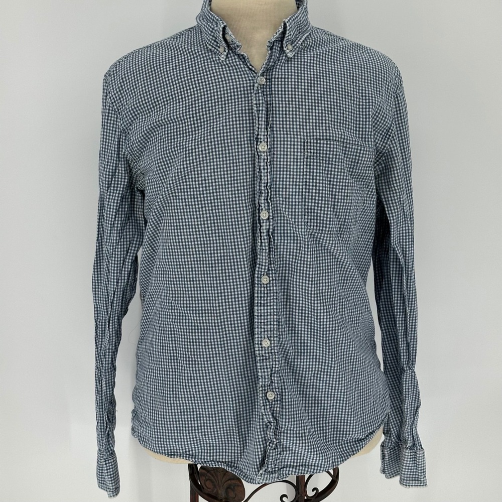 Faherty Distressed Mens Indigo Dyed Gingham Checked Button Down Shirt Size XL - Picture 1 of 7